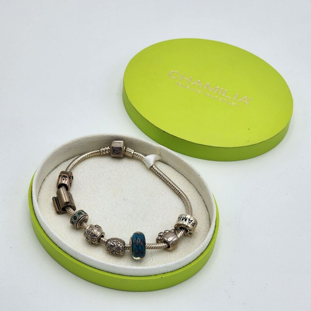 Chamilia VTG 925 Sterling Silver Bracelet 8 Charms Retired Blue Topaz Murano